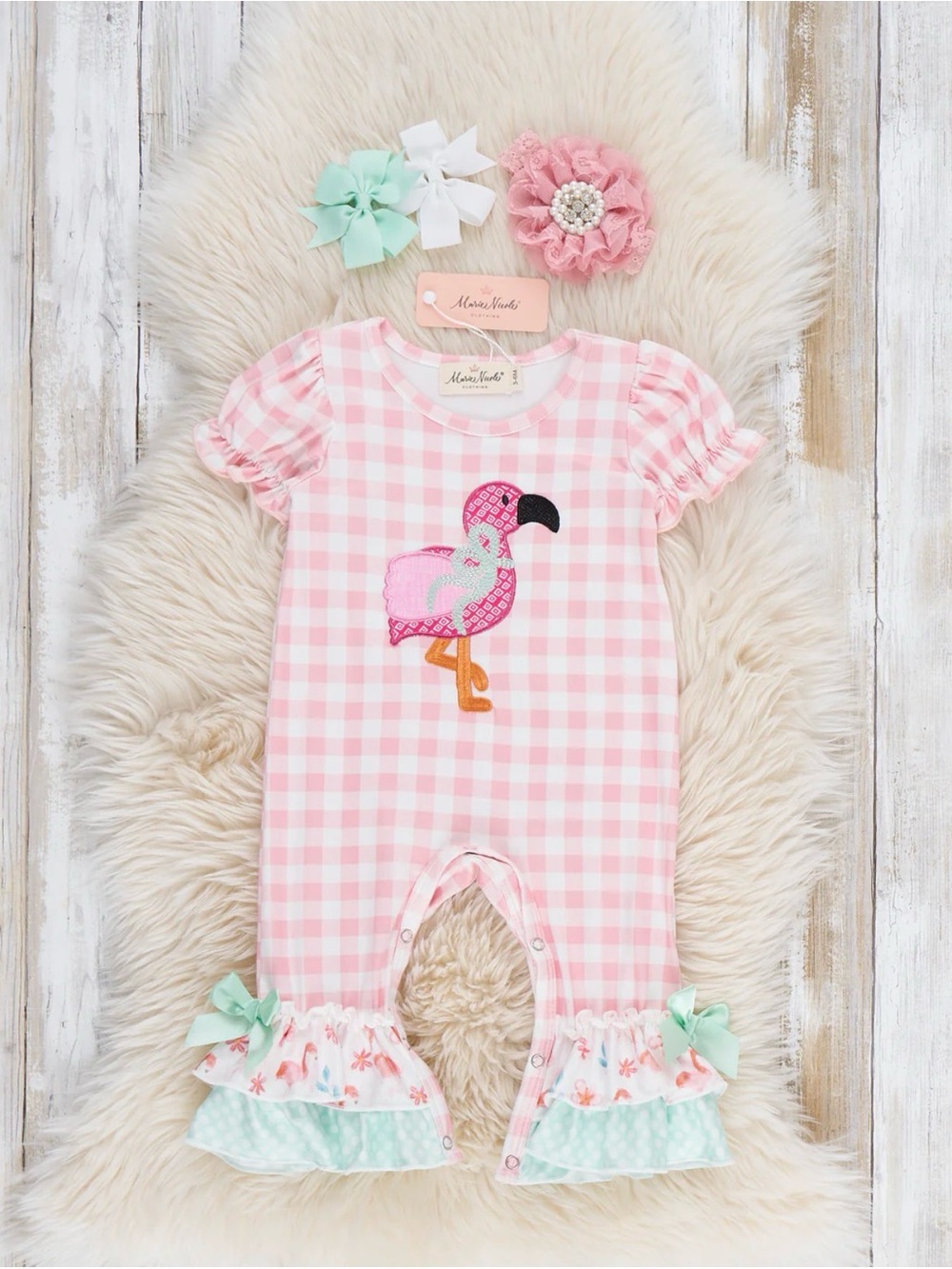 Pink Gingham Flamingo Ruffle One-Piece Romper by Marie Nicole